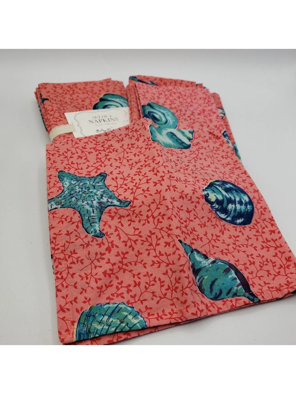 April Cornell Cotton Napkins Set of 8 Ocean Themed Shells Sea Life Conch Coral